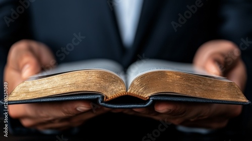  a man in a suit holding an open bible in his hands He is wearing a black suit and has a serious expression on his face, suggesting he is deeply engrossed in the bo photo