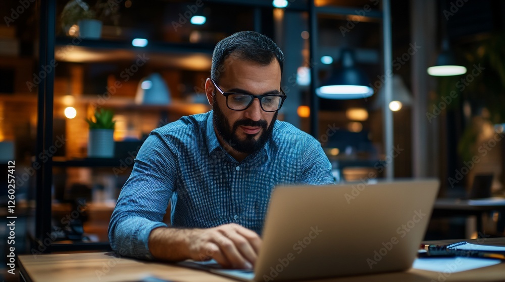 Man working late on laptop, modern office, night Man working late on laptop, modern office, night