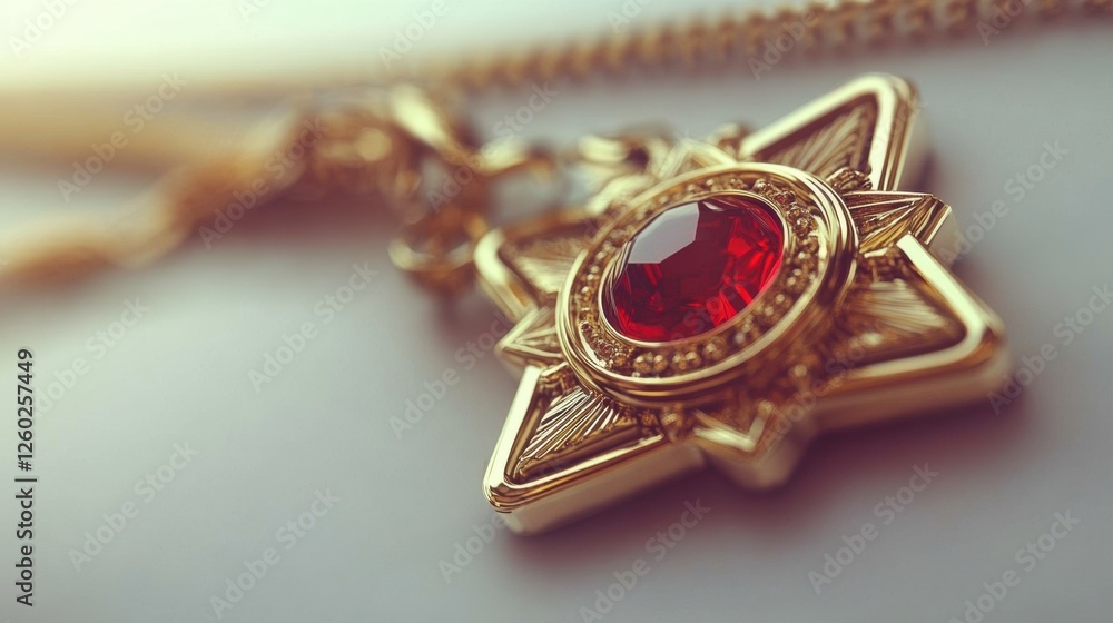 Close-Up of an Ornate Gold Medal Pendant with Red Gemstone and Elegant Design Close-Up of an Ornate Gold Medal Pendant with Red Gemstone and Elegant Design