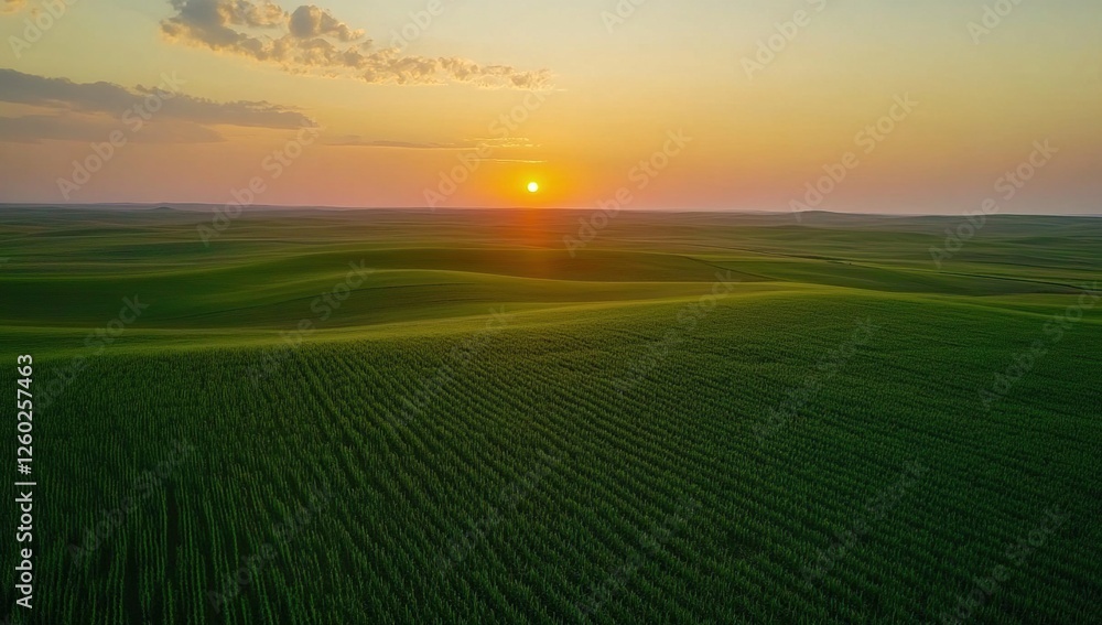 Serene Sunset over Rolling Green Fields of Wheat at Golden Hour, Captivating Landscape Photography Serene Sunset over Rolling Green Fields of Wheat at Golden Hour, Captivating Landscape Photography