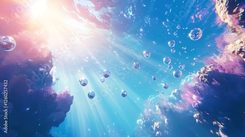 Underwater sunbeams, bubbles, cloudscape; dreamlike fantasy scene, ideal for relaxation themes photo