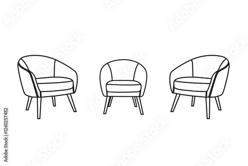 Three armchairs set comfortable soft furniture vector icon illustration isolated on white background. furniture logo line art work for home.