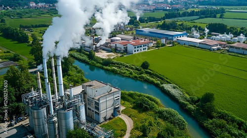 Industrial Plant Aerial View, River, Green Fields - Environmental C.