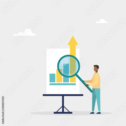 Research data, analysis of information in chat. Studying financial data or business growth. The character uses a magnifying glass to view graphs. Vector illustration	
