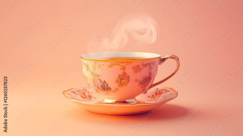 Elegant teacup with steam on a light orange backdrop Elegant teacup with steam on a light orange backdrop