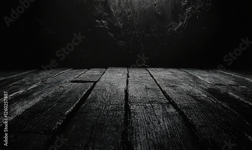 Dark wooden floor with blurred rocky background, ideal for product displays