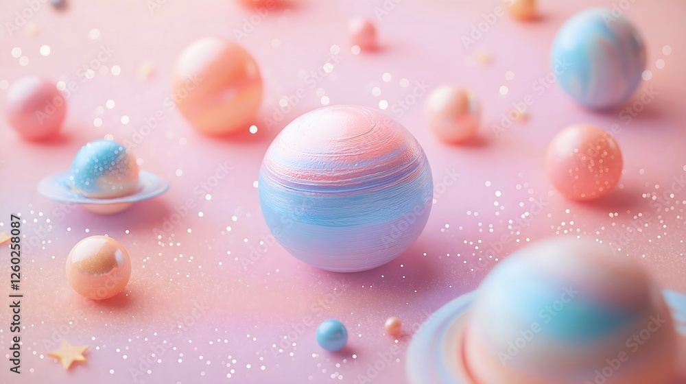 Pastel planets on a glittery pink background. Aesthetic, girly, concept.
