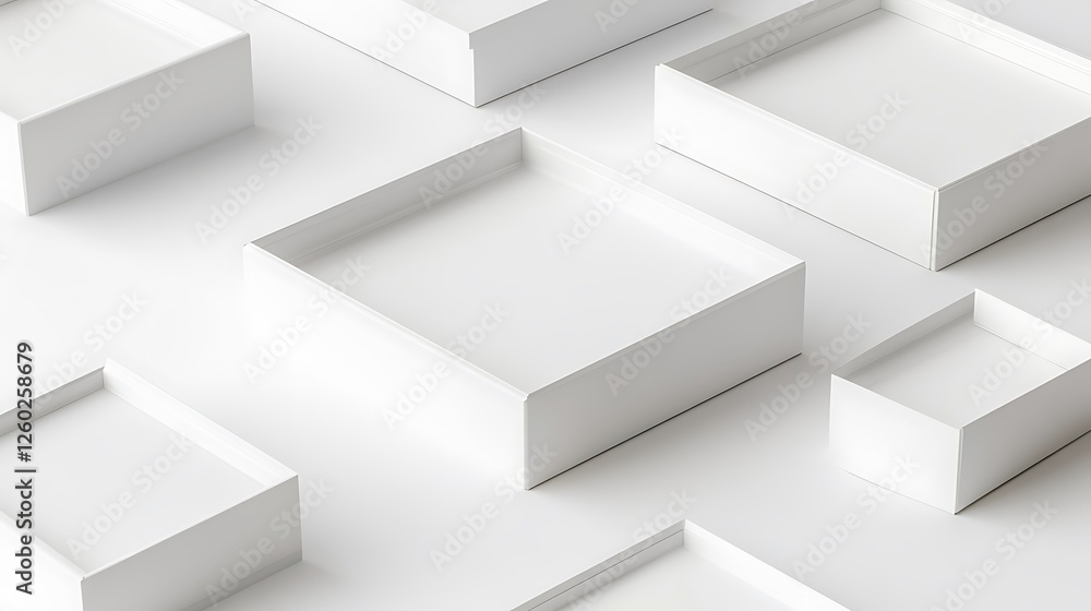 Empty boxes placed on a white surface, in an organized and clean design Empty boxes placed on a white surface, in an organized and clean design