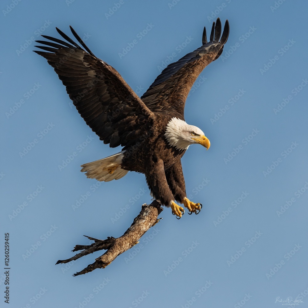 Naklejka premium White tailed Eagle A majestic eagle soaring through the sky with a determined look. American balled eagle flies from left to right over blue sky