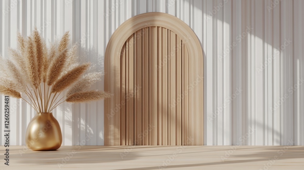 Interior Space Featuring Arched Wooden Door and Stylish Gold Vase with Pampas Grass Decor Interior Space Featuring Arched Wooden Door and Stylish Gold Vase with Pampas Grass Decor