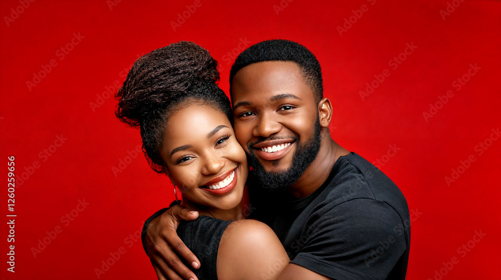 Obraz premium Smiling African-American couple embracing against a bold red background, symbolizing love and happiness. Valentines day concept