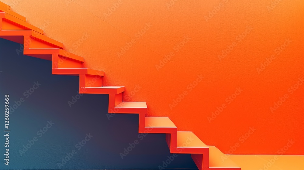 Fototapeta premium A modern, geometric staircase with a bold orange hue contrasts against a deep dark background, creating a striking architectural design. AI generated.