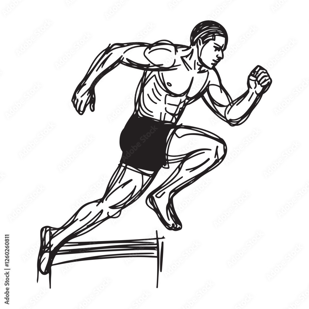 Fototapeta premium Jumping Man Silhouette - Detailed Line Art of Jumping Stance - Jumping Man Vector - Jumping Man Doodle - Jump Illustration - Man Jumping Line Art 