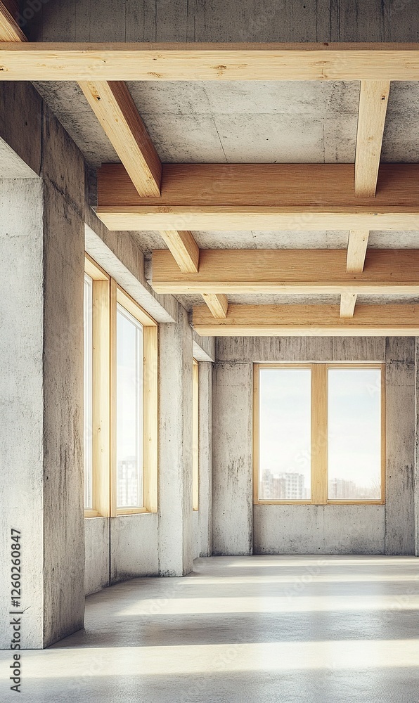 Empty concrete office interior with wooden beams, windows, city view, for architectural visualization Empty concrete office interior with wooden beams, windows, city view, for architectural visualization