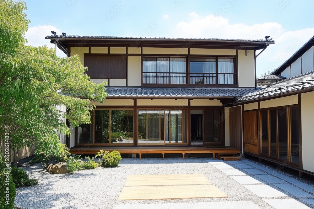 Traditional Japanese house with serene garden. Traditional Japanese house with serene garden.