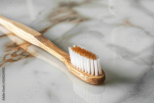 A sustainable bamboo toothbrush with soft nylon bristles rests on a marble surface. photo