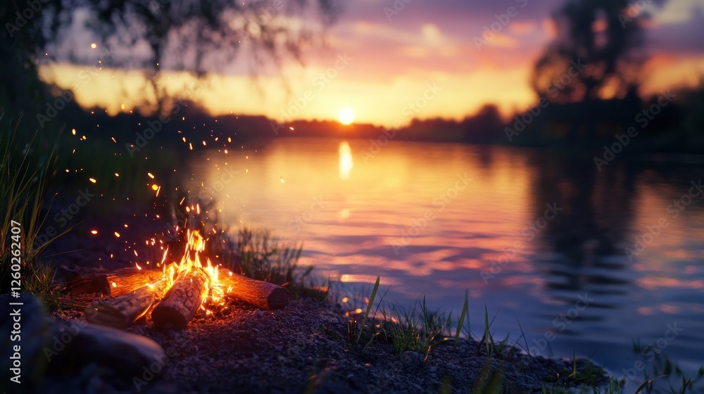 Sunset campfire by river, peaceful evening Sunset campfire by river, peaceful evening