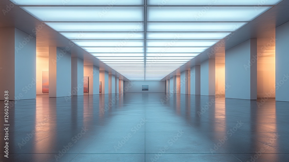 Modern gallery, glowing lights, empty, reflective floor, artwork Modern gallery, glowing lights, empty, reflective floor, artwork