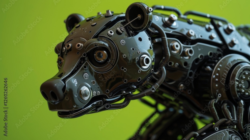 A highly detailed AI-generated robotic bear with intricate mechanical parts, gears, and circuits. The futuristic design contrasts with a vibrant green background, enhancing its high-tech aesthetic. AI A highly detailed AI-generated robotic bear with intricate mechanical parts, gears, and circuits. The futuristic design contrasts with a vibrant green background, enhancing its high-tech aesthetic. AI