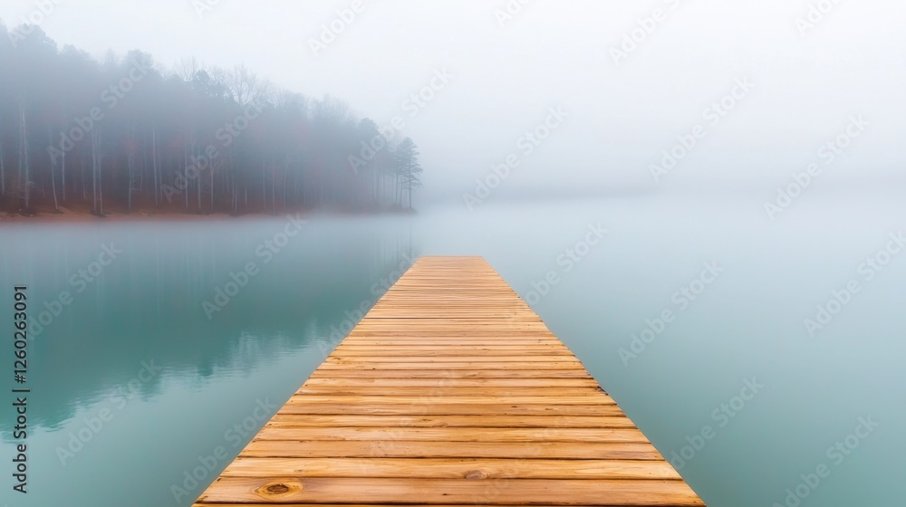 Naklejka premium a wooden dock in the middle of a lake, surrounded by trees and shrouded in a thick fog The sky is visible in the background, creating a peaceful atmosphere