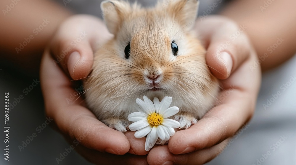 a person holding a small hamster in their hands, with a flower in their other hand The background is slightly blurred, giving the focus to the person and the hamst a person holding a small hamster in their hands, with a flower in their other hand The background is slightly blurred, giving the focus to the person and the hamst