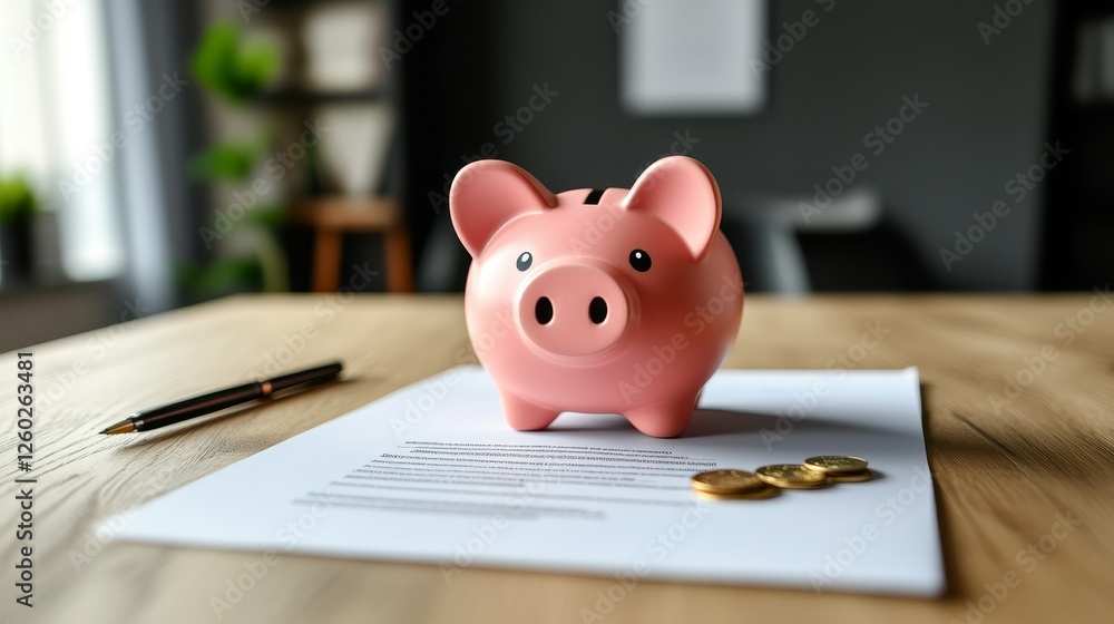 Cute piggy bank on a desk with paperwork, pen, and coins, set against a blurred office background, symbolizing savings, financial planning, and investment. Cute piggy bank on a desk with paperwork, pen, and coins, set against a blurred office background, symbolizing savings, financial planning, and investment.