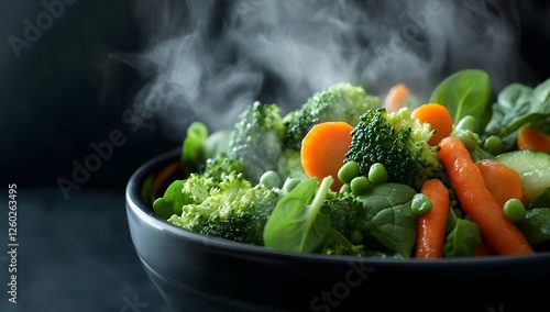 Steaming mixed vegetables in bowl, dark background photo