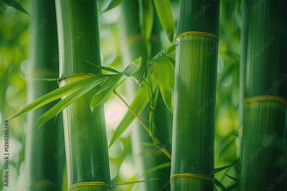 Obraz premium Lush green bamboo stalks and leaves in a serene forest setting.