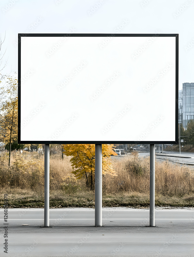Blank billboard on a road by a building with autumn trees, ready for advertising Blank billboard on a road by a building with autumn trees, ready for advertising