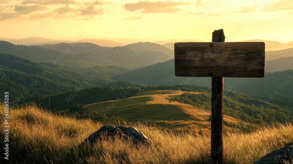 Mountain sunset view with blank wooden signpost (1) Mountain sunset view with blank wooden signpost (1)