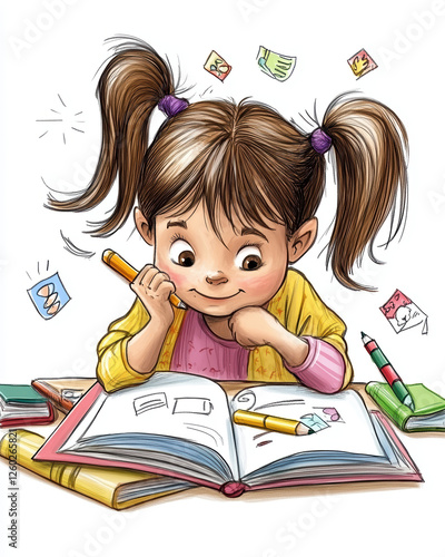 Colorful Illustration of a Happy Young Girl Studying with Books and Pencils for Educational Themes