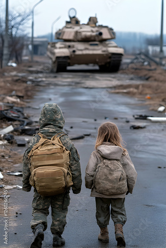 Children walk toward tank on street in war zone for concepts of hope and future