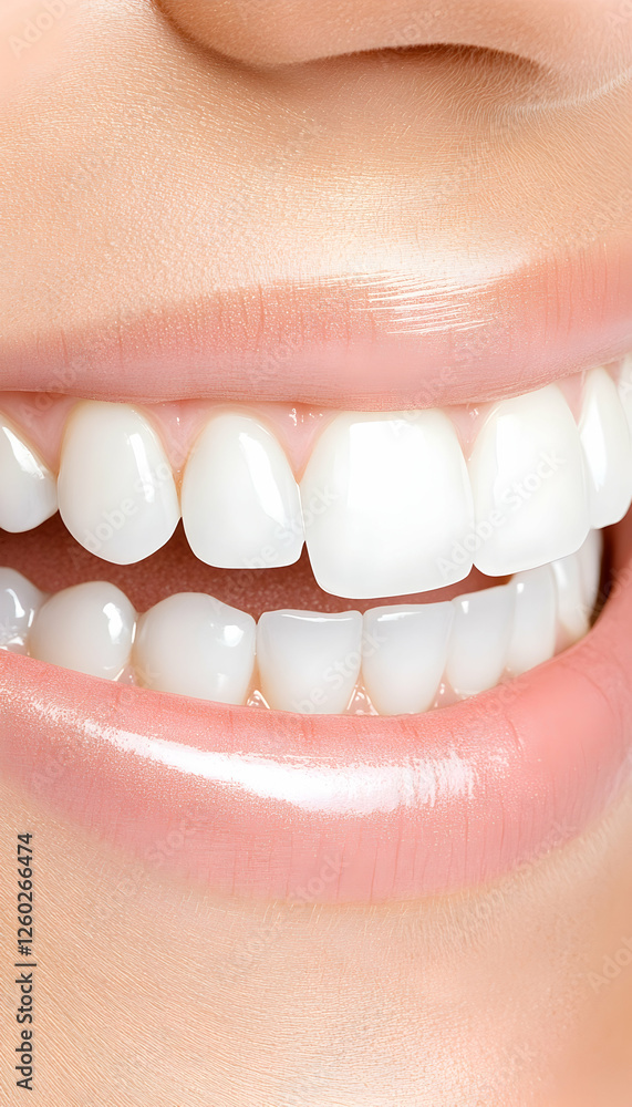 Fototapeta premium Close-up of a smiling mouth with perfect white teeth; teeth whitening ads