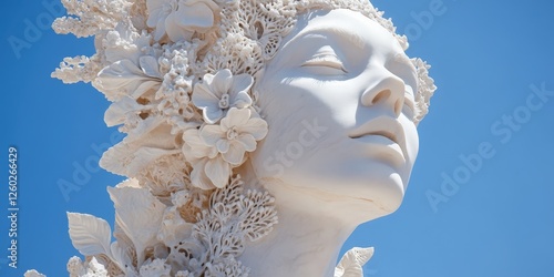 An exquisite white sculpture captures a woman’s visage and form, showcasing intricate patterns and textures that evoke depth and dimension, highlighting her expressive features with artful detail photo