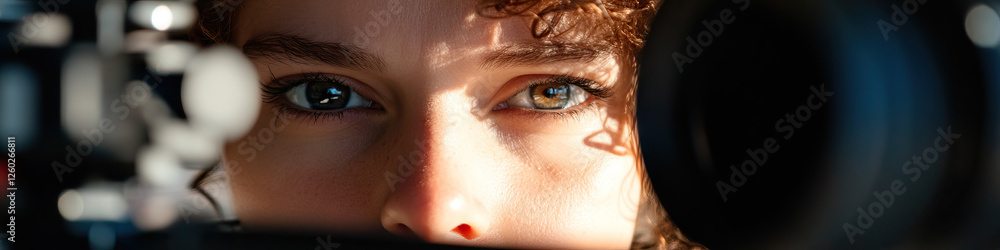 Fototapeta premium Close-up of Person's Eyes Partially Obscured by Camera Equipment