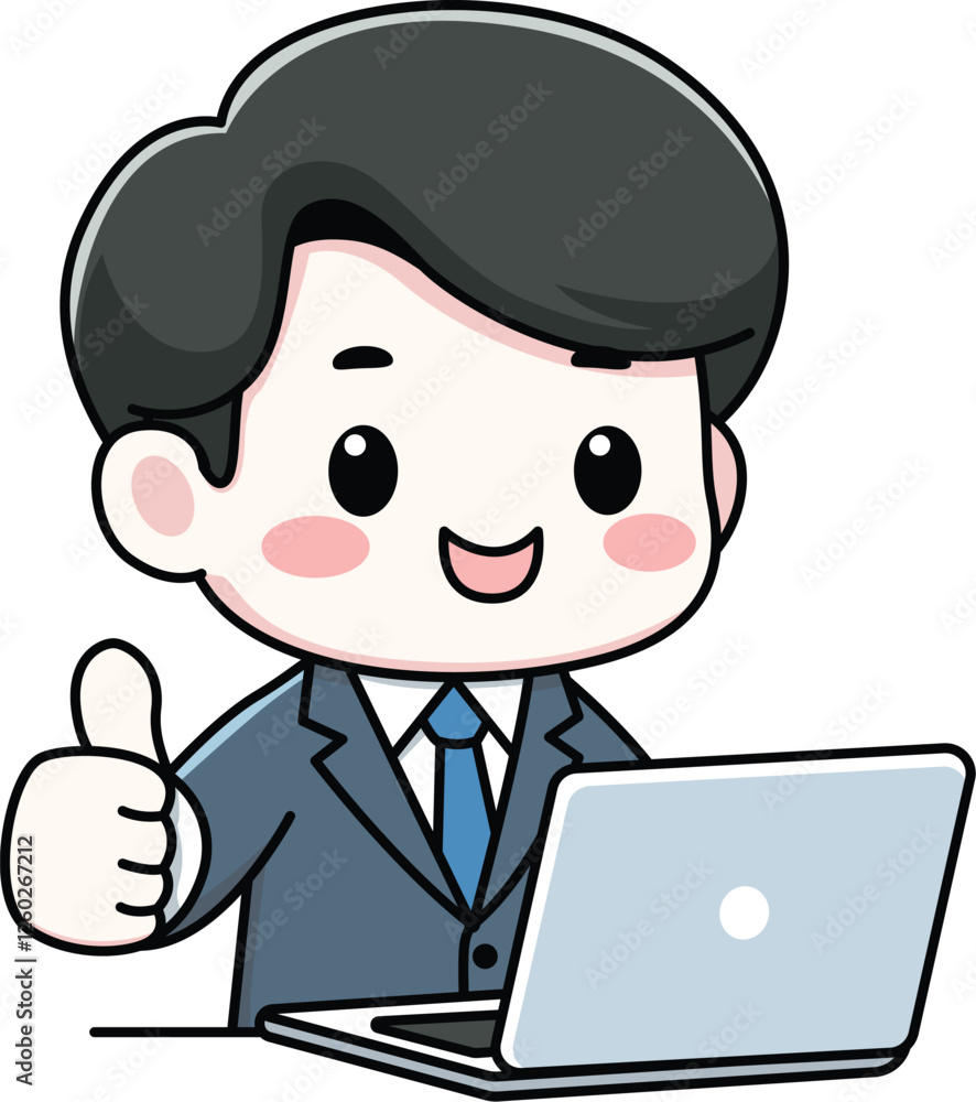 Cute young man with laptop smiling and thumps up cartoon, business man, vector illustration Cute young man with laptop smiling and thumps up cartoon, business man, vector illustration