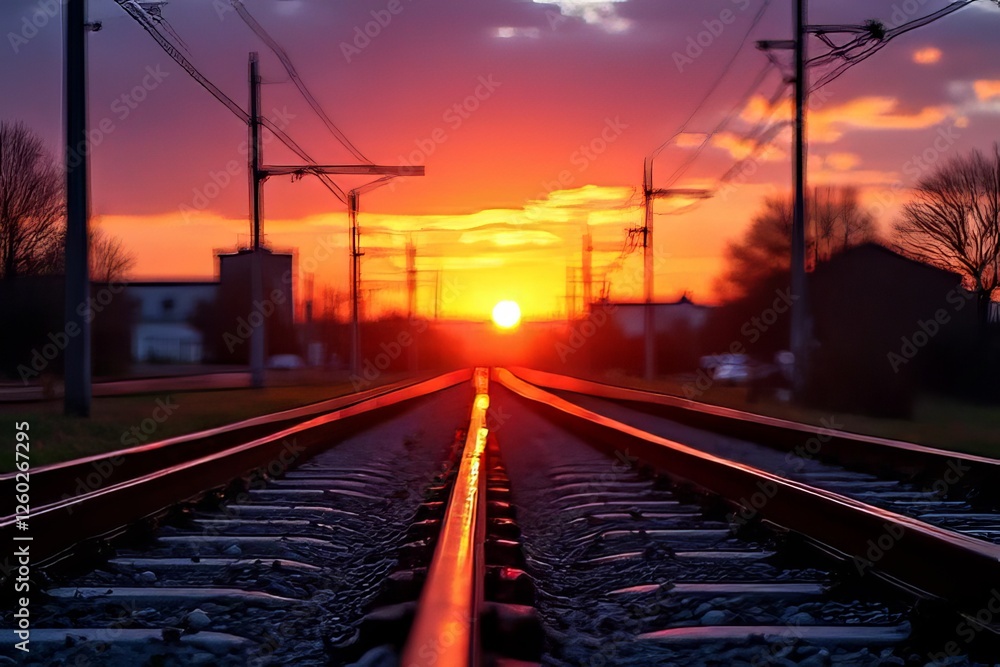 Sunset over train tracks, vibrant colors, travel, journey Sunset over train tracks, vibrant colors, travel, journey