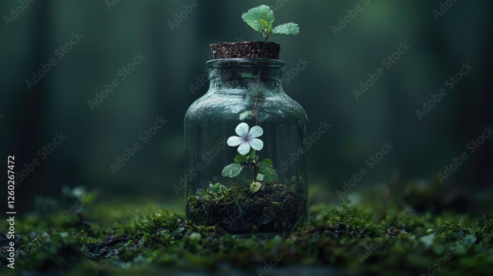 Tiny plant in glass bottle, forest floor. Possible use nature photography Tiny plant in glass bottle, forest floor. Possible use nature photography