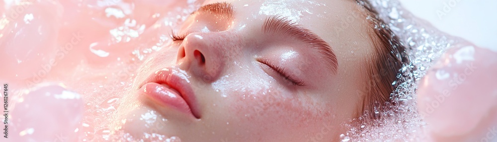Fototapeta premium A serene and ethereal representation captures a woman's face partially submerged in luminescent liquid, radiating tranquility and the essence of hydration and nourishment