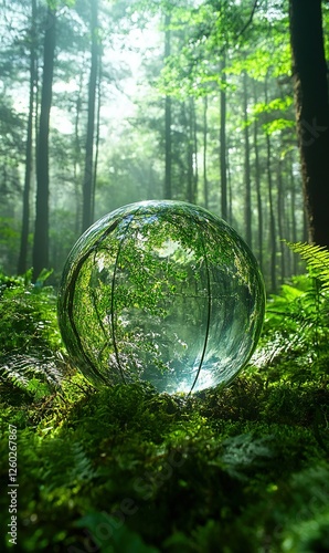 Wallpaper Mural Glass sphere reflects misty forest sunrise, symbolizing nature conservation Torontodigital.ca