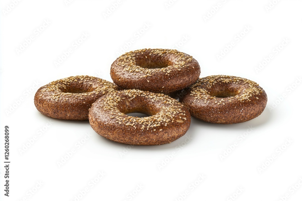 Poppy seed bagels on white background. AI image