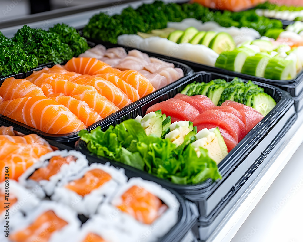 Fresh assorted fish and greens arranged neatly in containers, for lunch or dining Fresh assorted fish and greens arranged neatly in containers, for lunch or dining