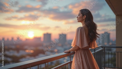 Girl standing on a balcony, looking at the city at sunset, symbolizing contemplation, dreams, and new opportunities