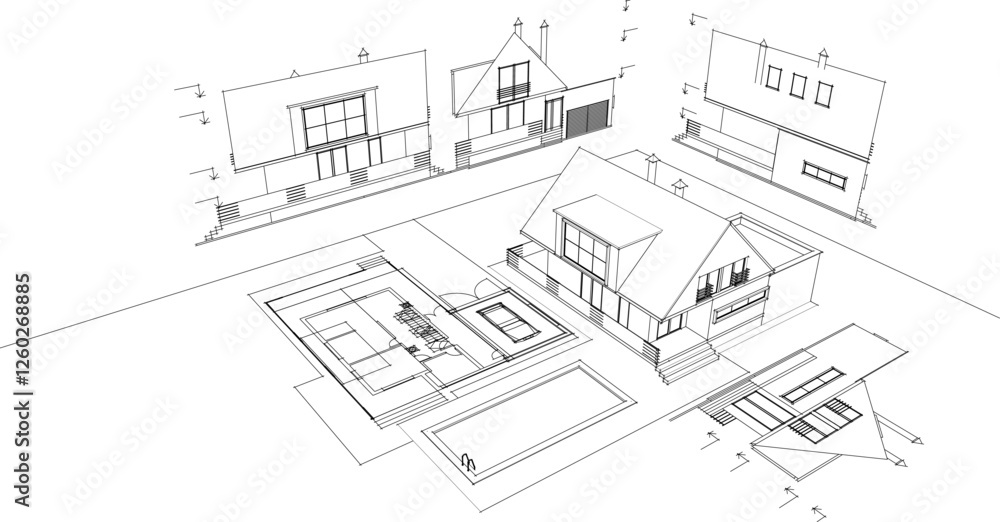 traditional residential architecture house sketch 3d illustration traditional residential architecture house sketch 3d illustration