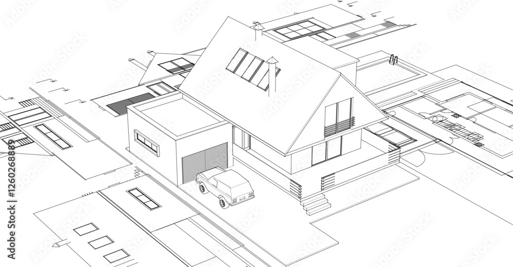 traditional residential architecture house sketch 3d illustration traditional residential architecture house sketch 3d illustration