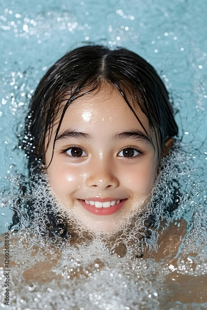 Girl swims in a pool, smiling. Water splashes around her face. Portrait shoot Girl swims in a pool, smiling. Water splashes around her face. Portrait shoot