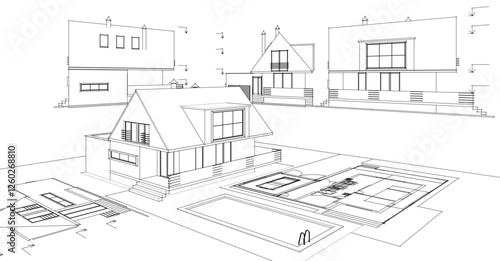traditional residential architecture house sketch 3d illustration