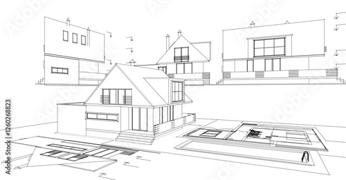 traditional residential architecture house sketch 3d illustration