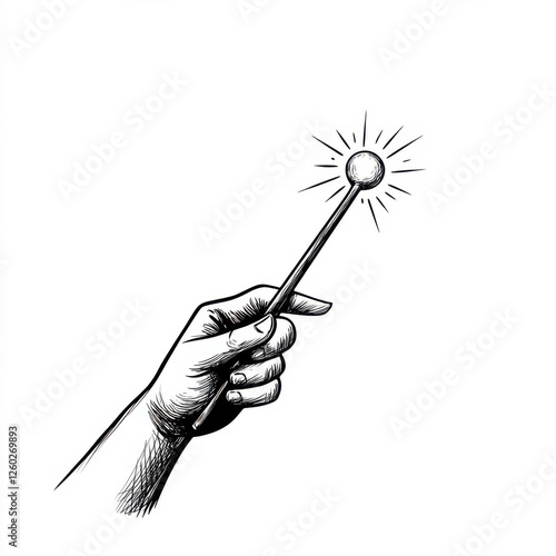 Hand holding a wand with a glowing orb, symbolizing magic and creativity. isolated on white background.