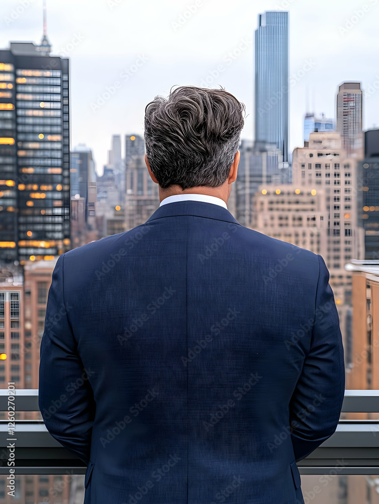 Man contemplates city panorama; building lights, rooftop view, aspirations, future Man contemplates city panorama; building lights, rooftop view, aspirations, future